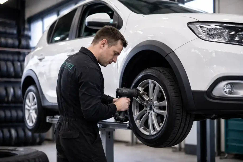 Cambio de neumáticos en Dacia Sandero en taller de Las Tablas (Madrid)