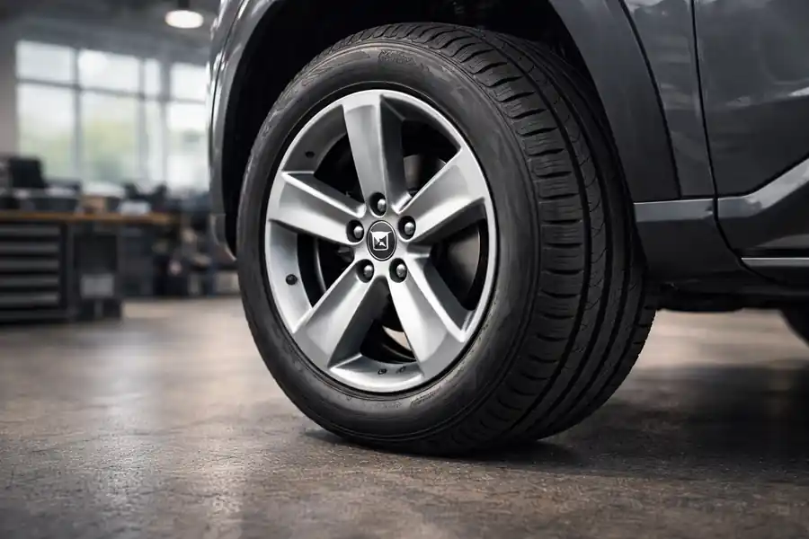 Detalle del neumático y llanta de un Volvo XC90 SUV en taller profesional